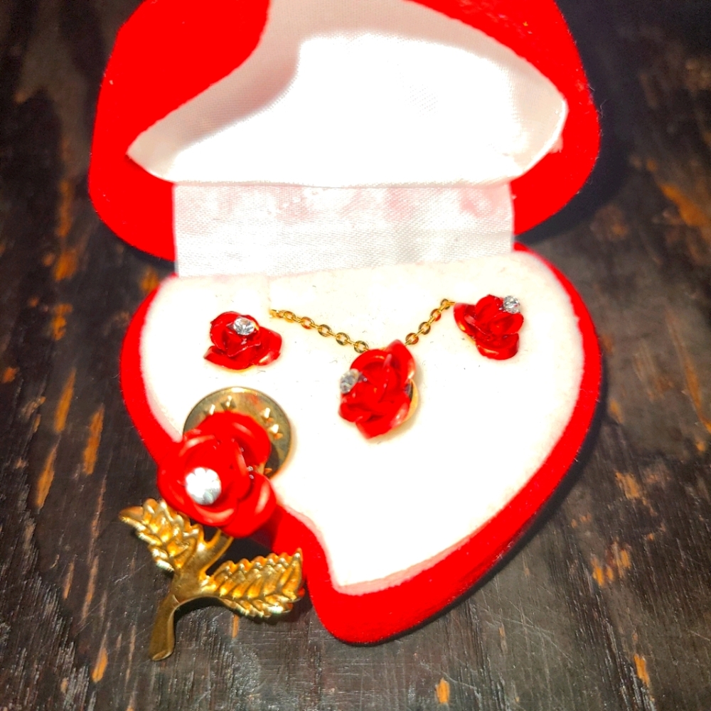 Three set,  Rose earrings,necklace, and pin